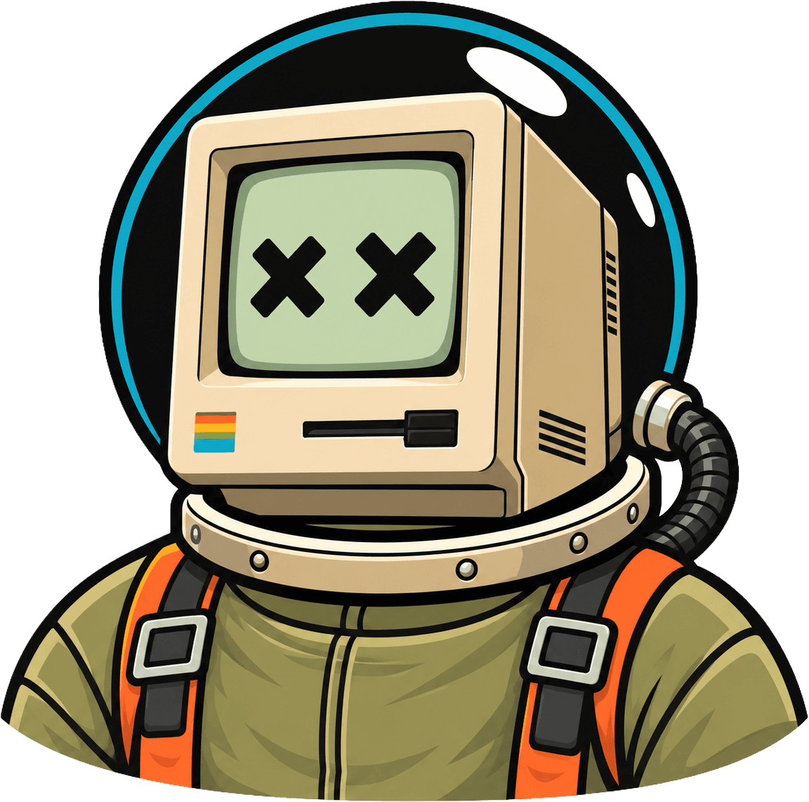Good Robot mascot: a retro computer-headed astronaut with crossed-out eyes